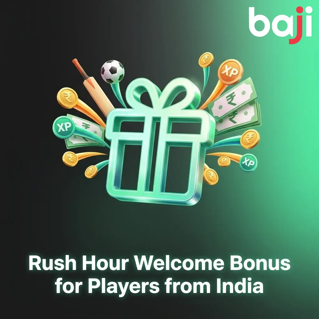 Baji Live Rush Hour welcome bonus for Indian players offering 100% deposit match and free spins up to 1,000 INR