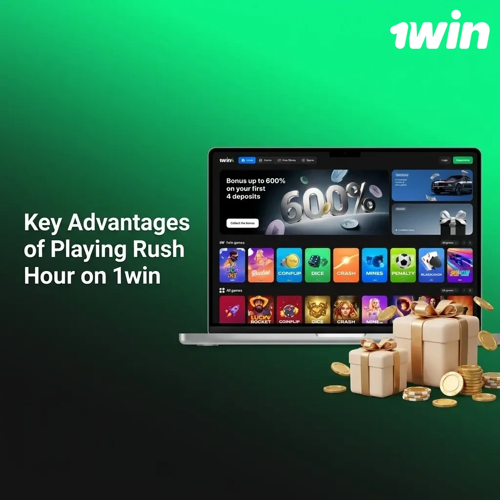 Key advantages of playing Rush Hour on 1win including 97% RTP, live stats, demo mode, and UPI support