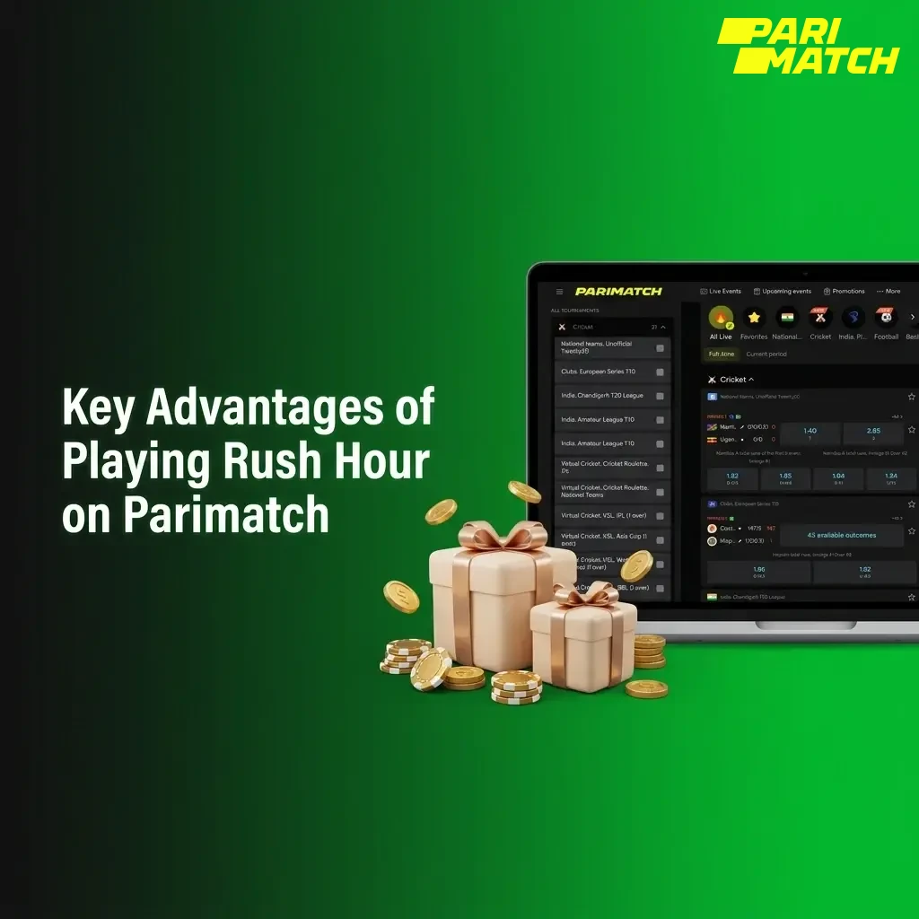 Key advantages of playing Rush Hour on Parimatch including 97% RTP, live stats, INR transactions, and provably fair technology