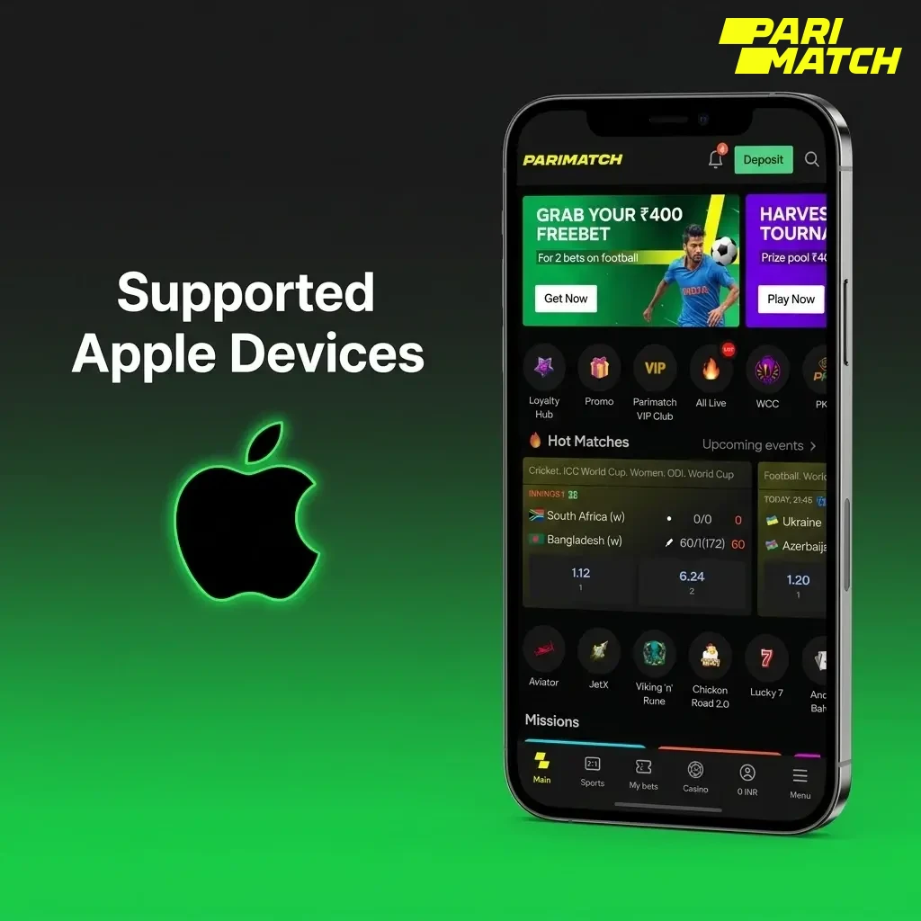 List of supported Apple devices for Parimatch app including iPhone SE, iPhone 11 to 15 series, and iPad Air running iOS 12+