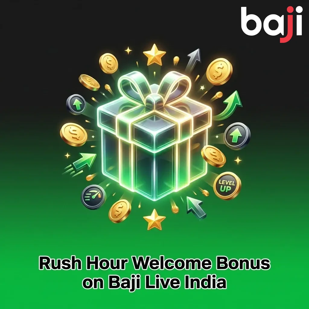 Baji Live India welcome bonus for Rush Hour with 100% casino match, 150% sports match, and 100 free spins