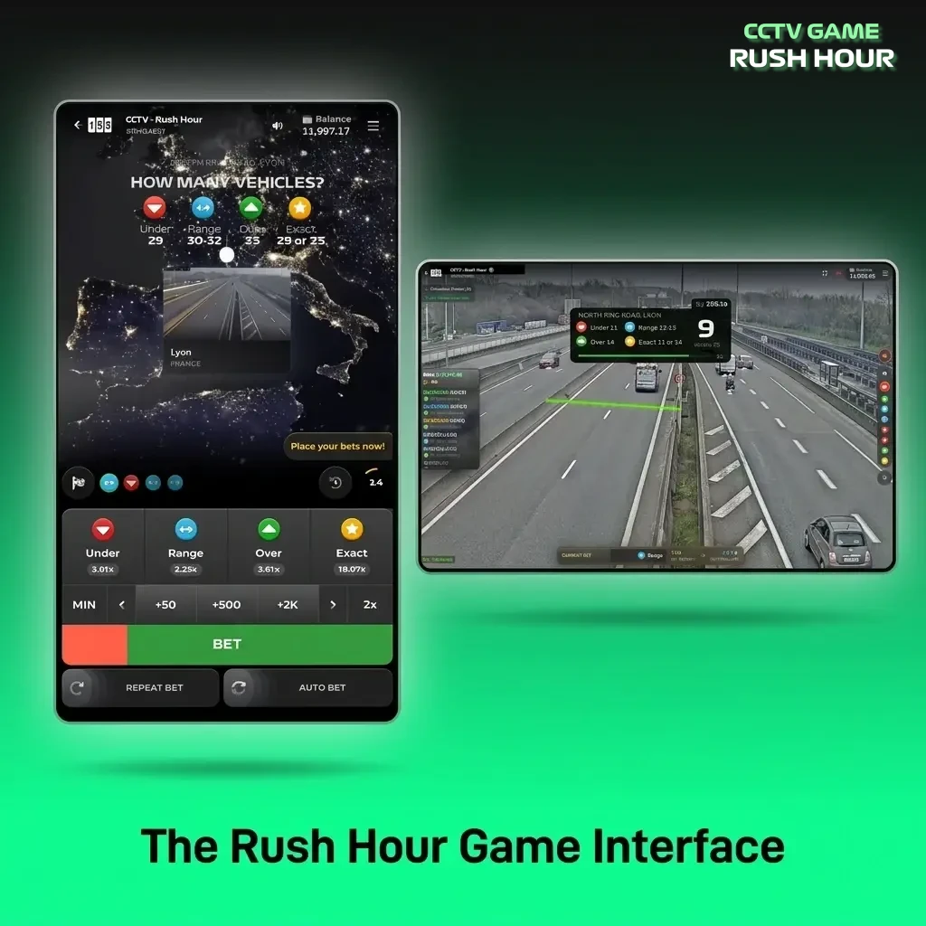Rush Hour game interface showing multiplier display, cashout button, and bet panels on desktop and mobile screens